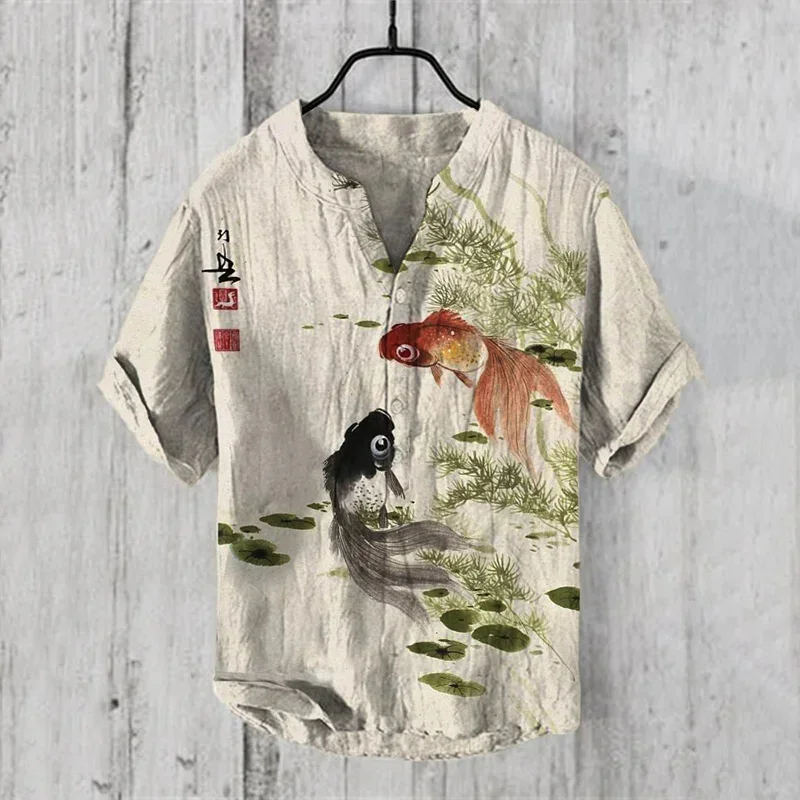 Simple Plum Blossom 3D Printing Art Linen Blended Men's Casual V-neck Shirt