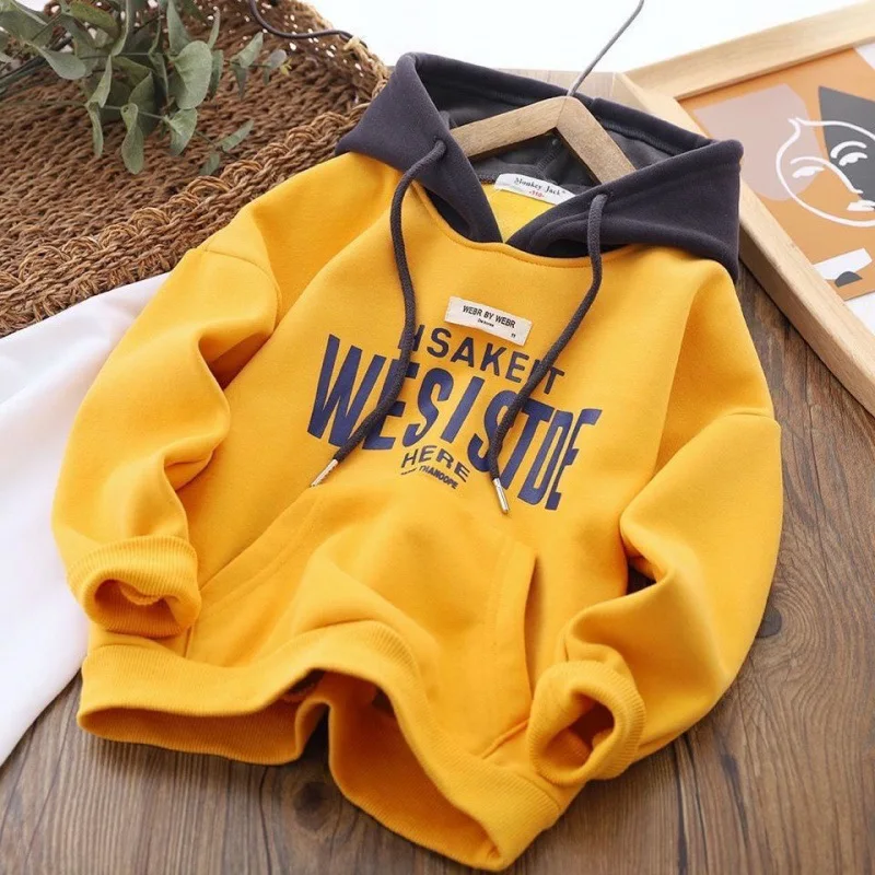 Kids Hoodie Sweatshirts Autumn Winter Boys Hoodies Solid Color Letter Print Lining Plush Thick Warm Casual Pullover For 4-14Y Kids Handsome Sweatshirt