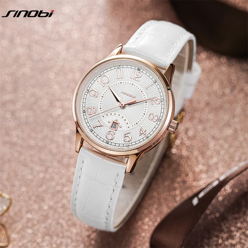 SINOBI Fashion White Leather Strap Woman Watches Original Design Calender Women's Quartz Wristwatches Gifts Clock For Ladies 5