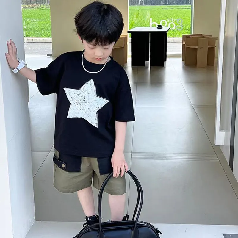 

Kids Boys Summer Suit 2023 New Baby Print Five Star Short Sleeve T-shirt Childrens Korean Cotton Foreign Shorts Set Kids Outfits