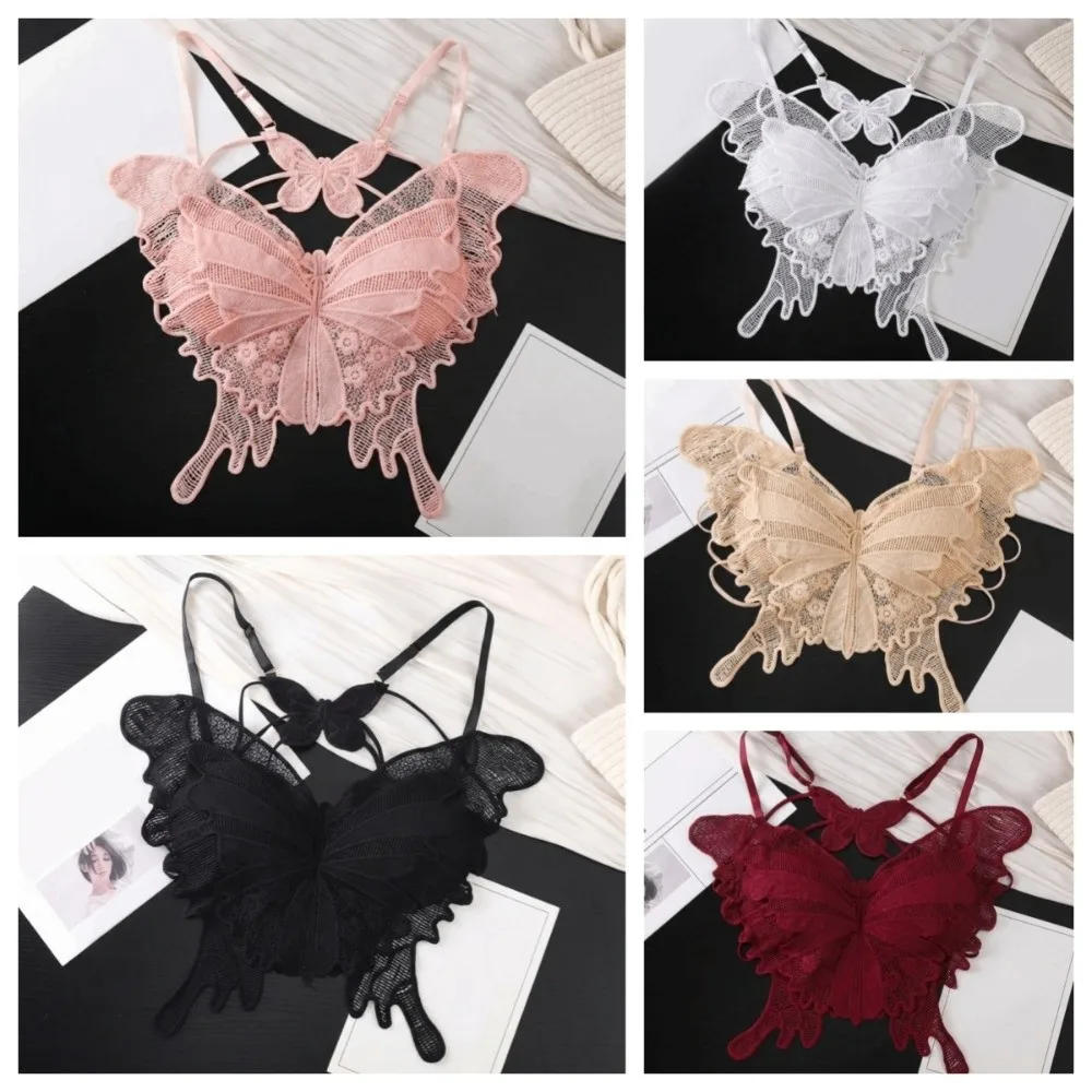 Padded camisole top with butterfly-shaped lace detail and delicate feminine texture