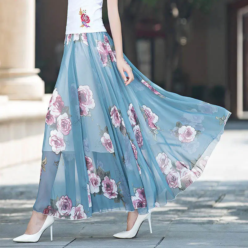 ZMZBCH Summer Autumn High Waist Skirts Womens Elastic Waist Full Long Skirt Print A-Line Mother Dance Skirts Swing Chiffon Skirt 3