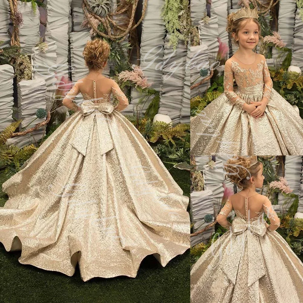 Gold Satin Flower Girl Dress for Kids Sheer Neck Sequin Applique Bow Wedding Party Ball Gown Full Sleeve Birthday Pageant Dress