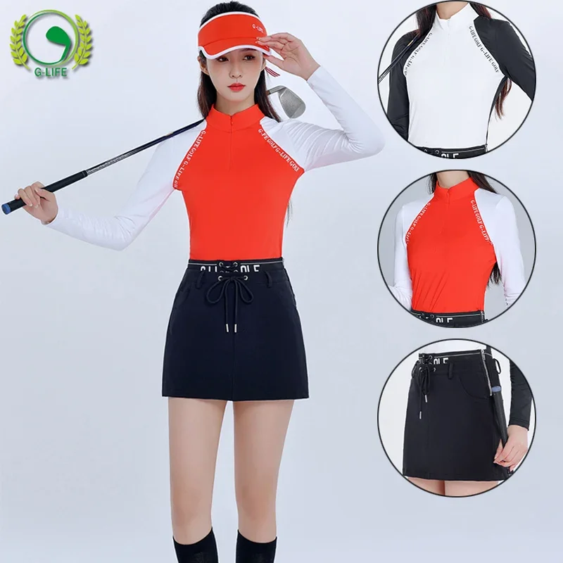 

Lady Patchwork Golf T-shirt Zipper Collar Full Sleeve Tops Women High-waist A-line Skort Elastic Waistband Sport Skirt Golf Sets