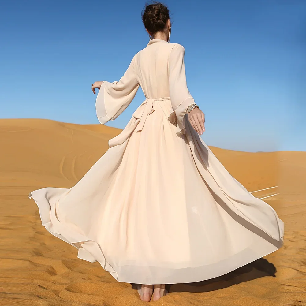 2025 New Chiffon Open Abayas for Women Dubai Turkey Kaftan Diamonds Belted Jalabiya Muslim Dress Islamic Clothing Arabic Robe 5