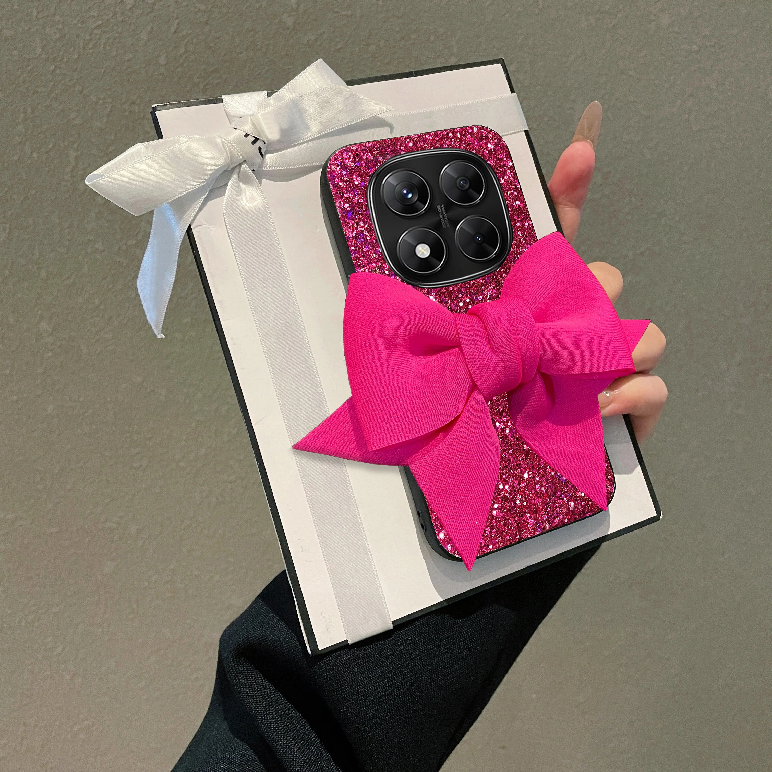 Chic Rose Red Glitter Bowknot Leather Phone Case - Shockproof Soft Back Cover