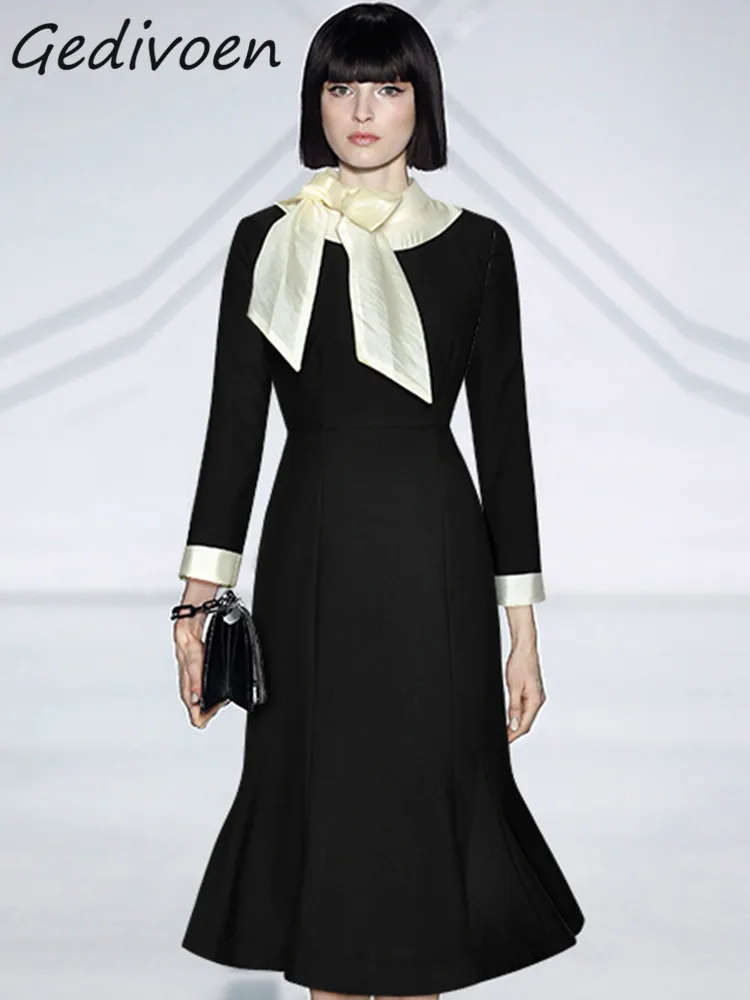 

Женское винтажное платье-Русалка Gedivoen, подиумное облегающее длинное платье с воротником-стойкой, бантом и высокой талией, осень