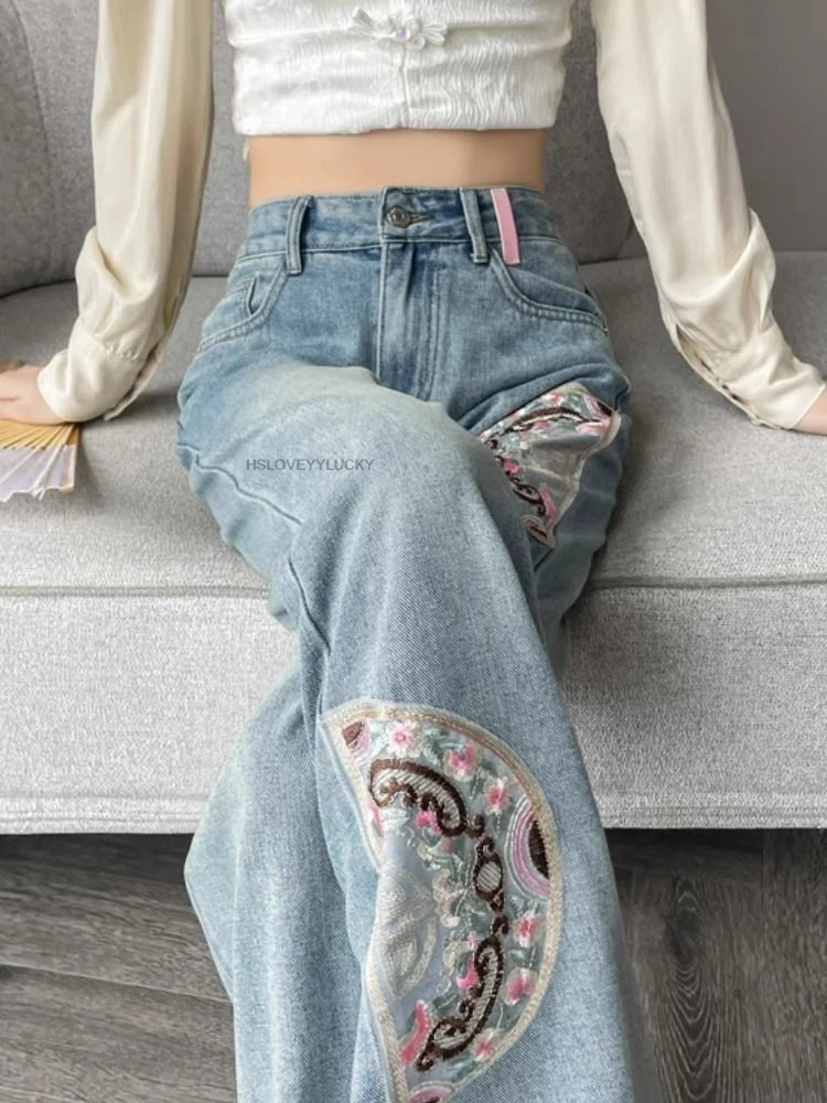 Autumn Winter New Chinese Embroidered Loose Straight wide-leg Women Elegant Daily Improved Vintage Ethnic Style Jeans Pants