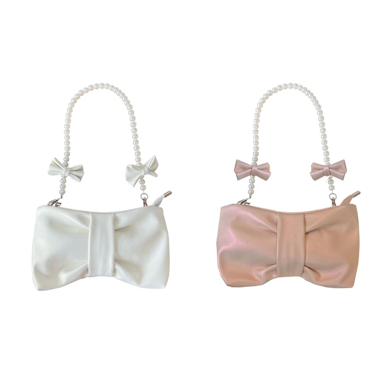 

Exquisite Bowknot Crossbody Bag Shoulder Bag Handbag Fairy Women Underarm Bag Pearl Chain PU Messenger Bag for Birthday