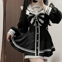 Japanese Style Gothic Y2k Lolita Bow Dress Shorts Set Women Vintage Sweet Long Sleeve Button Shirt Party Dresses Slim Mini Dress 1