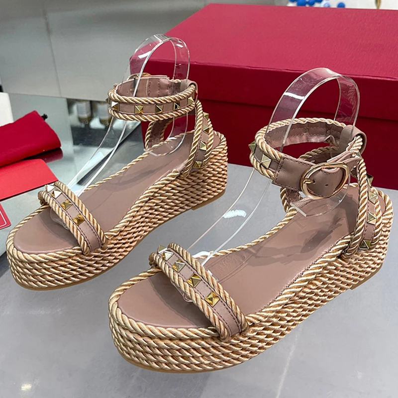 

Spring Summer New Women's Wedge Heel Knitted Sandals Electroplated Rivet Buckle Decoration Round Head Peep Toe Women's Shoes