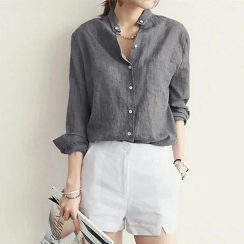 2024 New Women Autumn Korean Solid Cotton and Linen Blouse Vintage Solid Thin Loose Shirt Casual Long Sleeve Korean Tops