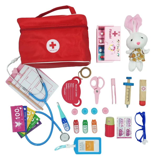 Doctor Toys for Children Set Kids Wooden Pretend Play Kit Games for Girls Boys Red Medical