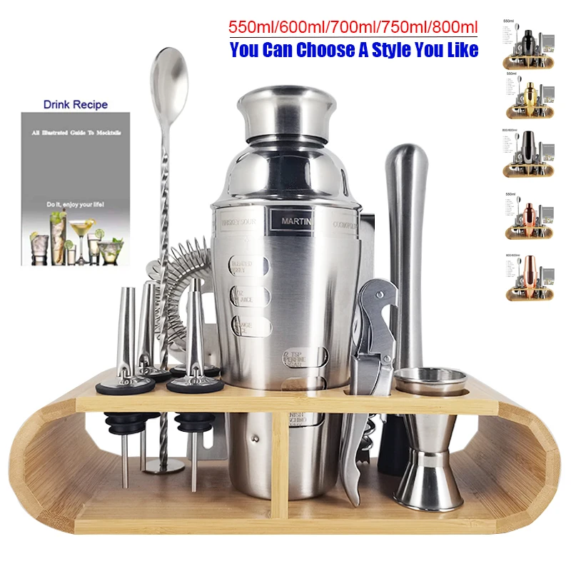 

12 Pcs Boston Cocktail Shaker Bar Tools Set Barware Bartender Shakers Kit Jigger Mixer Muddler Pourer Spoon with Bamboo Stand