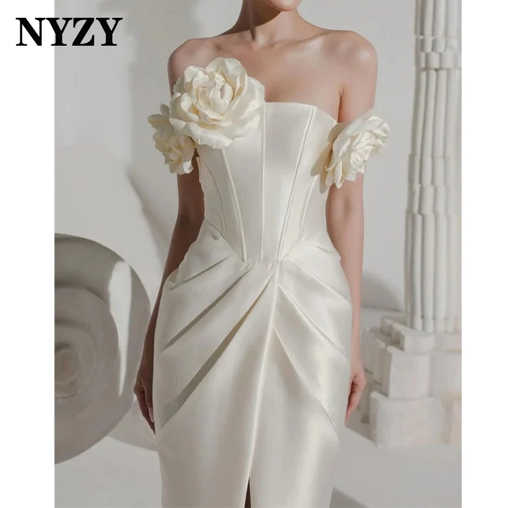 NYZY P166 Short Party Birthday Evening Gowns Satin 3D Flowers Ankle-length Black Cocktail Dresses Made