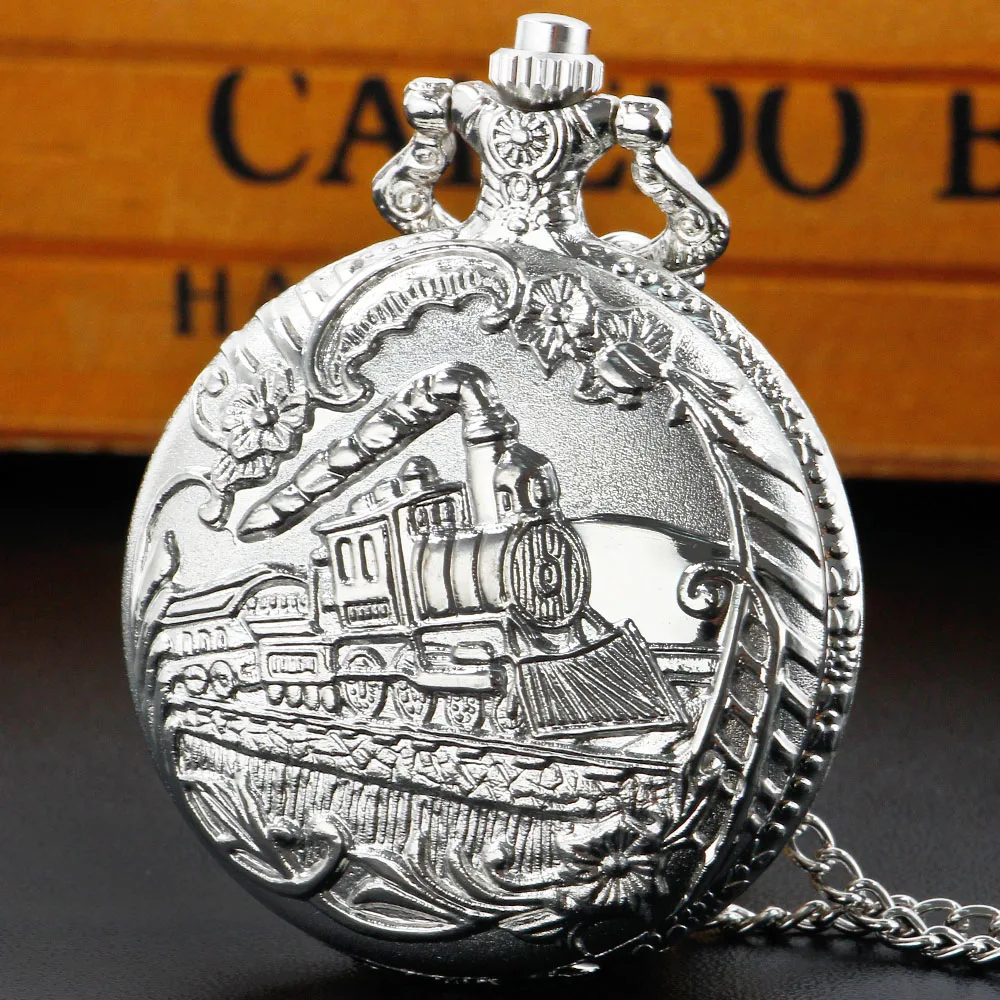 Antique Steam Train Design Pocket Watch with Chain Necklace Vintage Quartz Pendant FOB Chain Watches