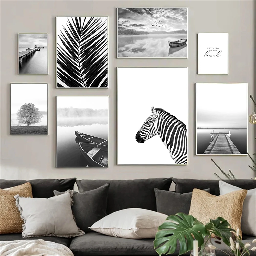 

Black And White Zebra Posters Boat Wall Painting Bridge Canvas Poster Leaf Tree Print Pictures Modern Nordic Living Room Decor