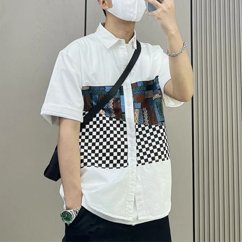 

Summer New Turn-down Collar Fashion Short Sleeve Shirt Man High Street Casual Loose Button Cardigan Y2K Printing All-match Tops