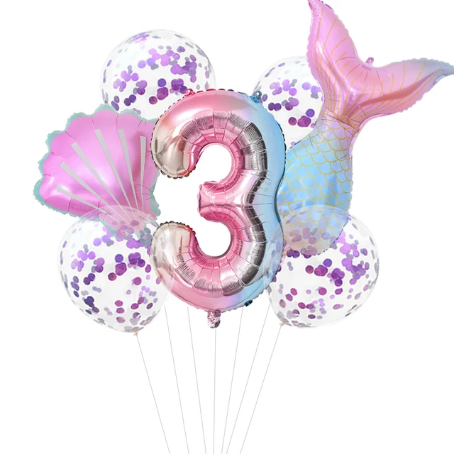 Mermaid Birthday Party Disposable Tableware Set Under The Sea Party Little Mermaid Girls 1st Birthday Decoration Shell Balloons 7pcs number3 set