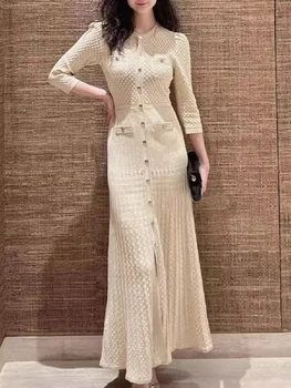 Spring Summer New Fashion Temperament Knitted Dress Women Elegant Hollow Out O-neck Single Breasted Long Robe Ladies 1