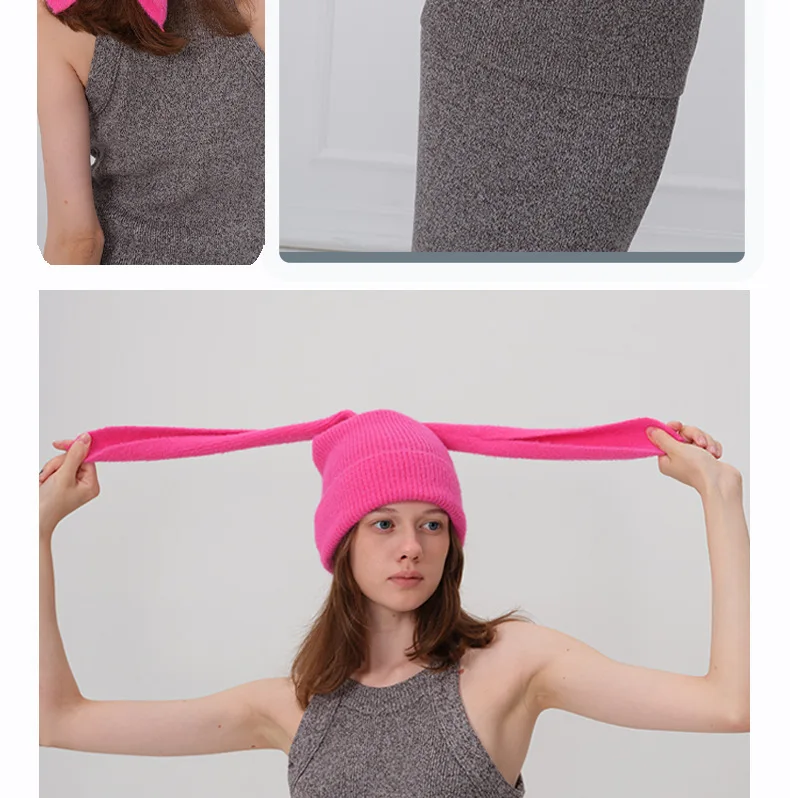Heiße Winter-Hasen-Hüte für Frauen, lange Ohr-Beanie-Mütze, gehäkelte Strickmütze, Hasenohren-Hüte für Frauen, warme Hüte, Pullover-Kappe – Detail 10