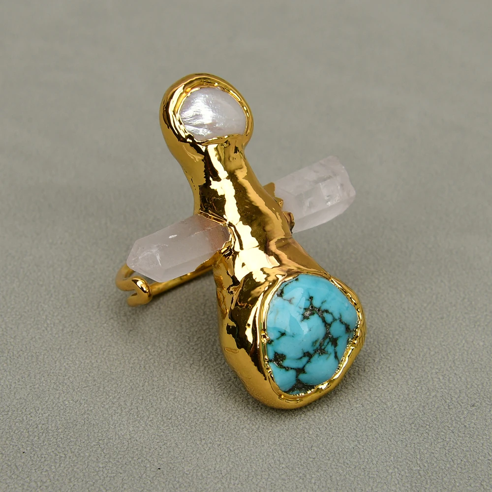 

GG Jewelry Natural White Keshi Pearl Blue Turquoise Real Clear Quartz Vintage Rings Gems Stone Adjustable Ring Gifts