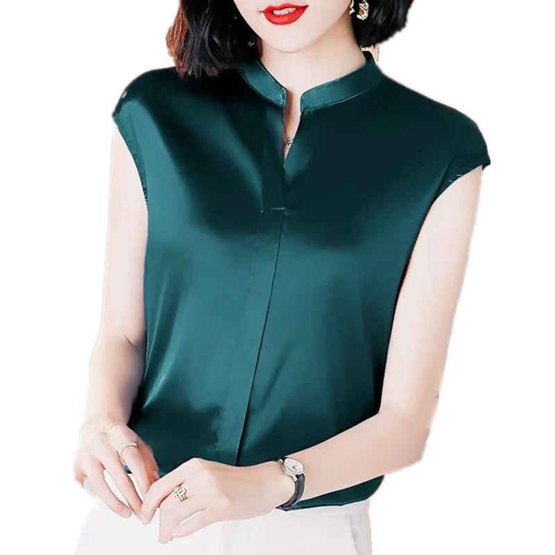 

Women's stand V Neck Solid Color Elegant Blouses Spring Summer Office Lady Silk Satin Solid Black White short Sleeve Shirt