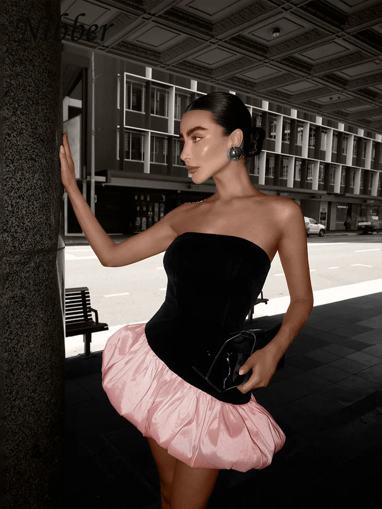 Nibber Summer Puffy Dress Women Y2K Elegant Irregular Velvet Patchwork Strapless Midnight Birthday Party Sweet Banquet Bodycon