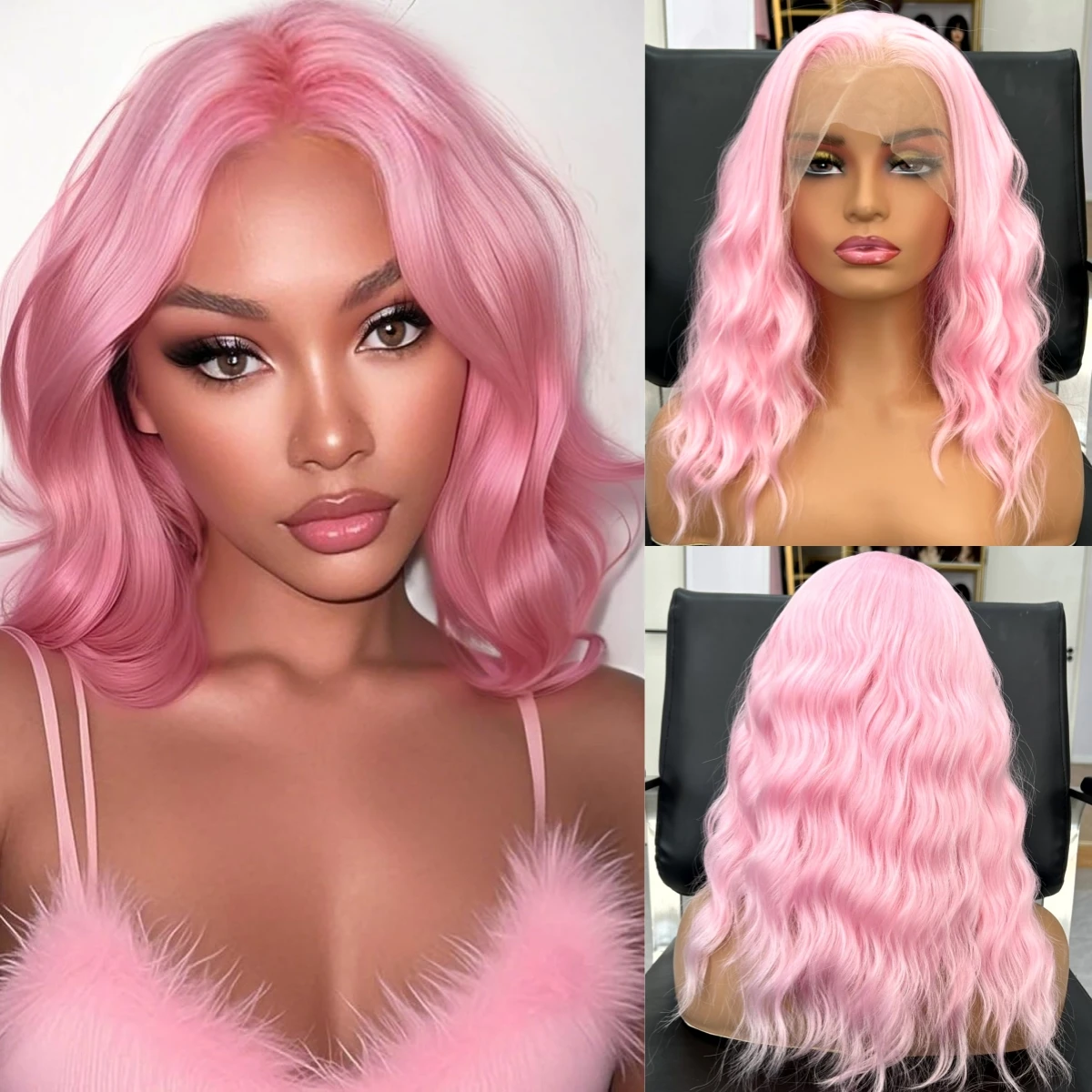 Pink Synthetic Short Curly Wavy Bob Wig For Women Shoulder Length Free Part Natural Curly 13x4 Lace Front Wigs