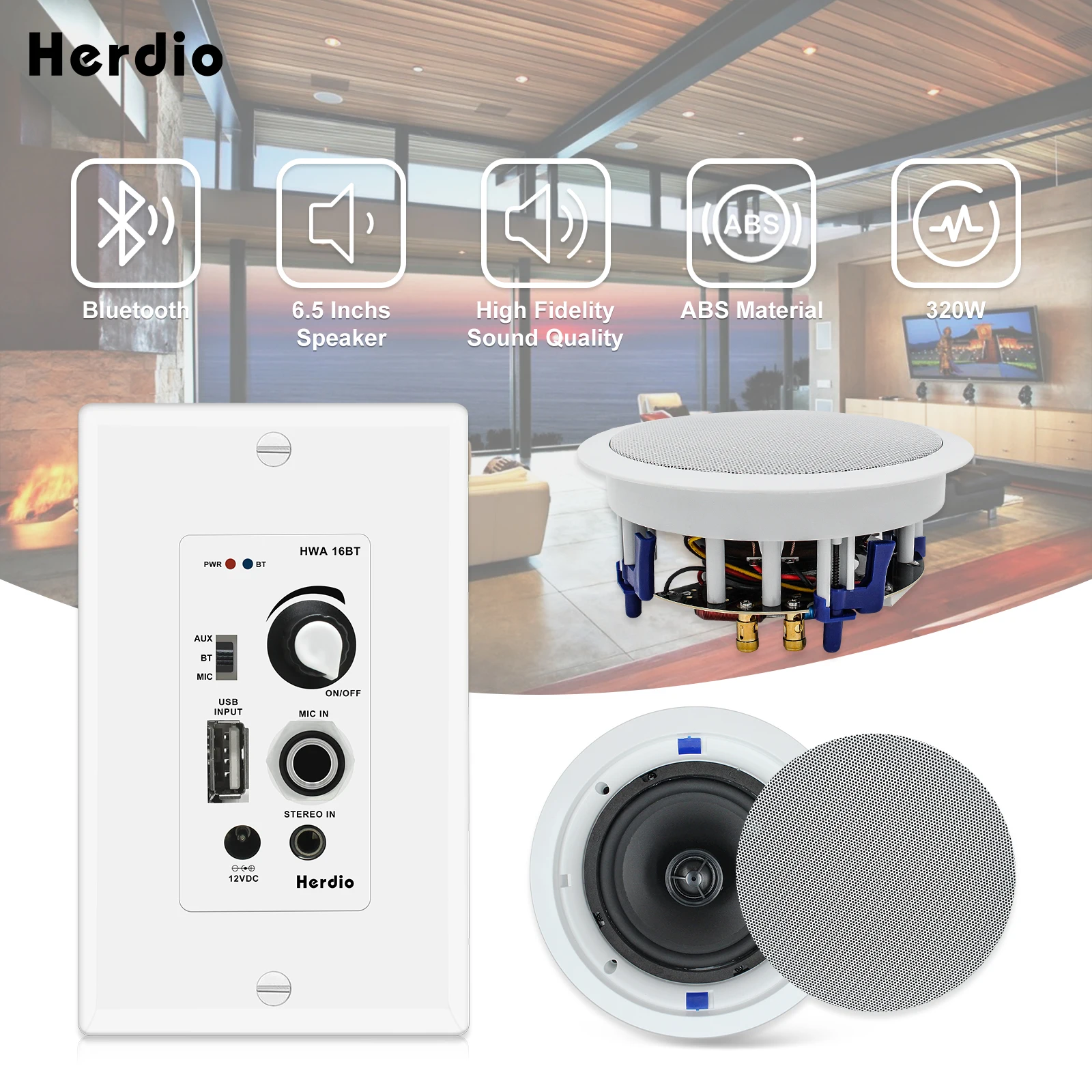 Herdio 6.5'' In Ceiling Speakers 320W 2-Way Flush Mount With Bluetooth Wall Mount Amplifier Receiver For Home Theater Bathroom