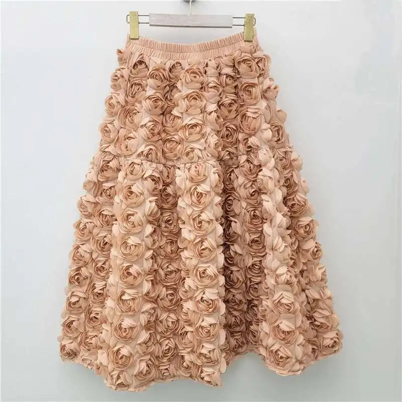 DEAT 2024 Autumn New Versatile Three Dimensional Flower Mid-calf Skirt High Waist Big Swing Fashion A-line Skirts Female 33A2033