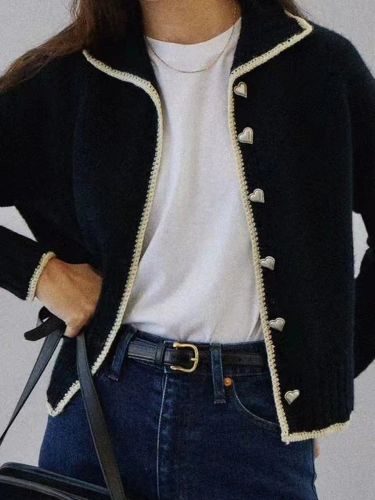 

Autumn and Winter New Vintage Love Button 100% Wool Cardigan Women Sweater