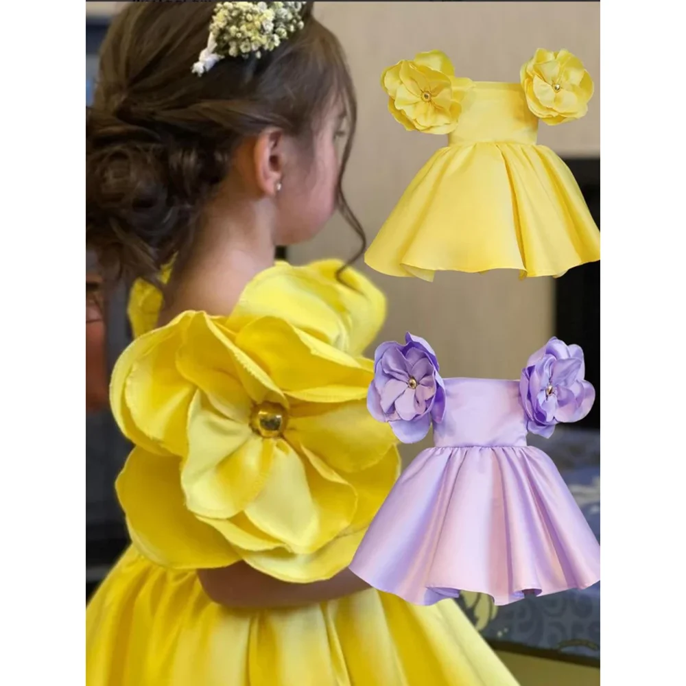 

Fashion Square Collar Flowers Sleeves Girl Dresses Cute Draped Solid Mini Ball Gowns Wedding First Communion Party Dresses 2023