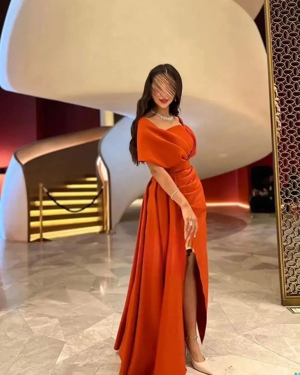 

Sapmae Square Neckline Sheath Ruffle Vent Floor-length Orange Zipper Up Elegant Prom Formal Evenning Party Dress For Women