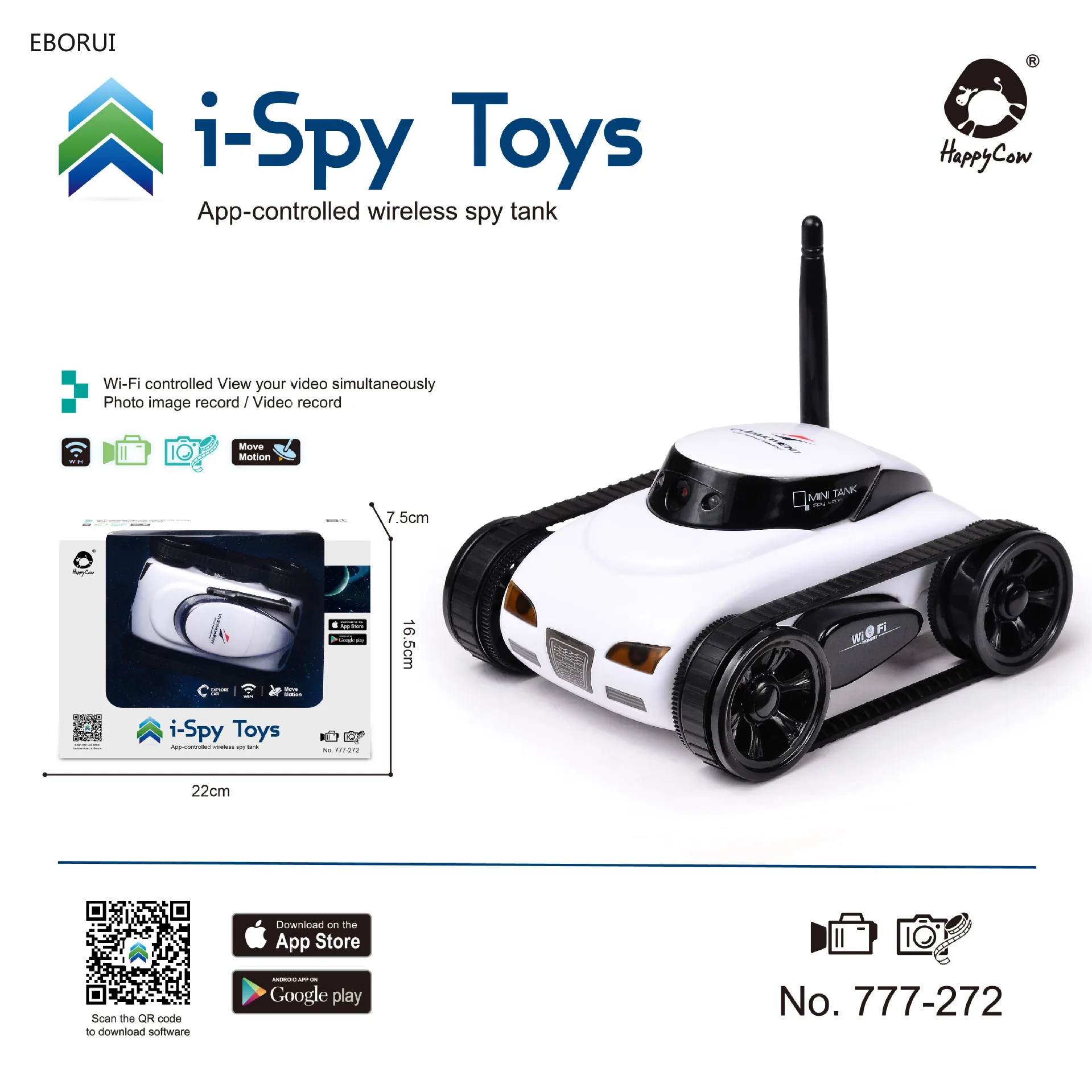 EBORUI 272 Mini I-spy RC Tank Car RC Camera Cars with Wifi FPV 30W Pixels Camera for IPhone IPad IPod Controller 6