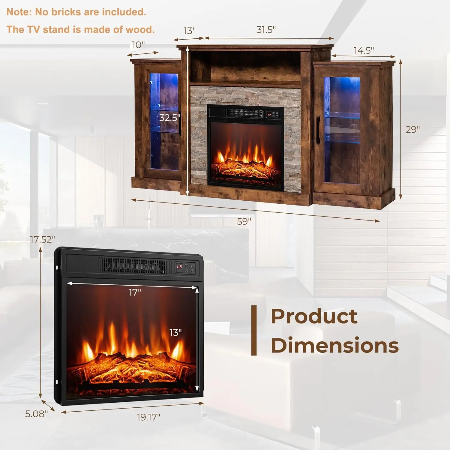 Electric Fireplace TV Stand for TVs Up to 65 Inches, 18-inch Fireplace Insert with APP Control, Remote Control, 16 Color Lights 5