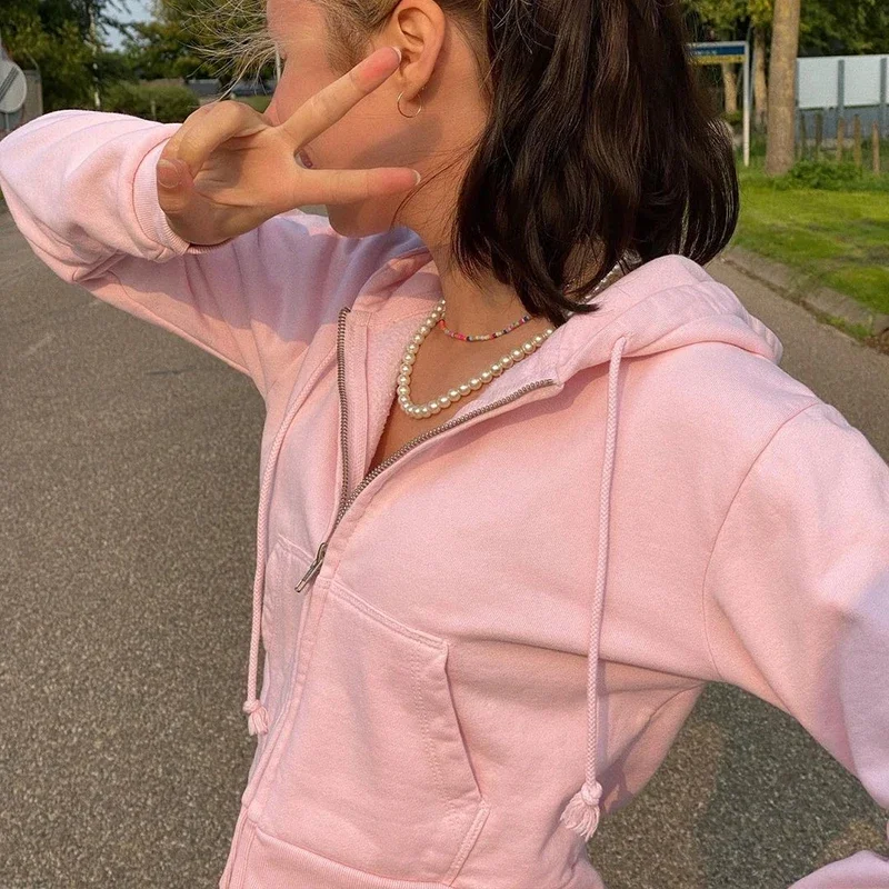 2024 Autumn and Winter Short Sweatshirt Casual Long Sleeve Zipper Pocket Hoodie Fashion High Street Solid Color Patchwork Coat