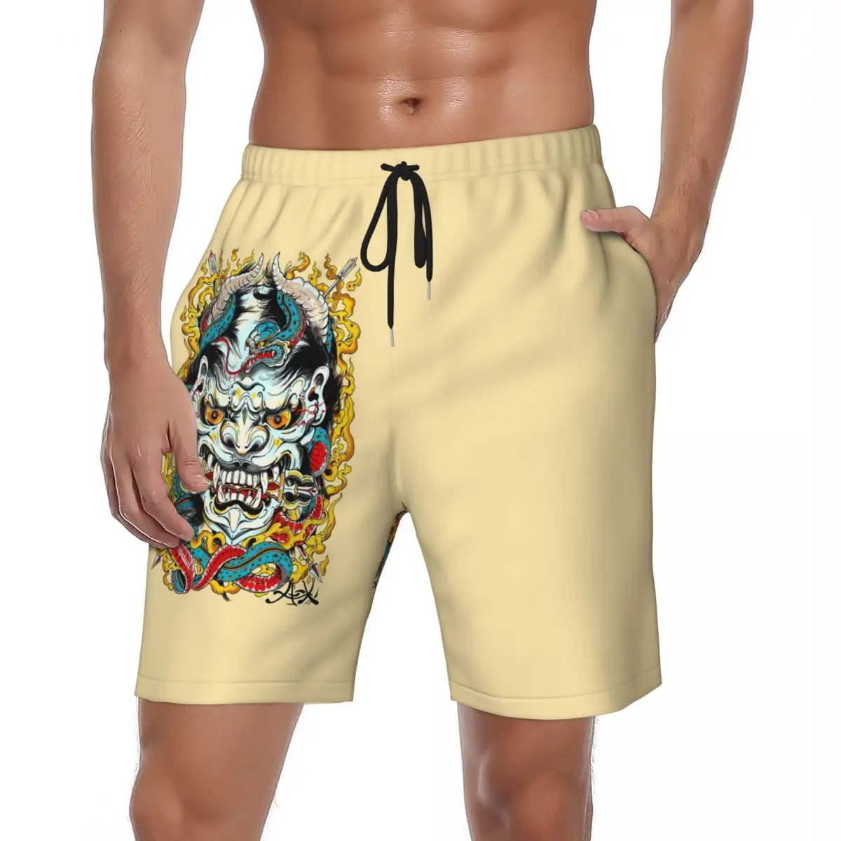 

Males Gym Shorts Japanese Devil Fashion Swim Trunks Cool Breathable Running Surf Hot Plus Size Beach Shorts