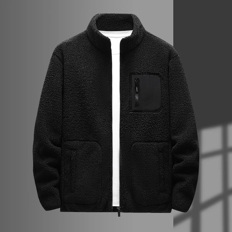 Men's 2024 Autumn and Winter Teddy Velvet Stand Neck Loose Solid Color Thickened Panel Zipper Pocket Fashion Long Sleeved Coat