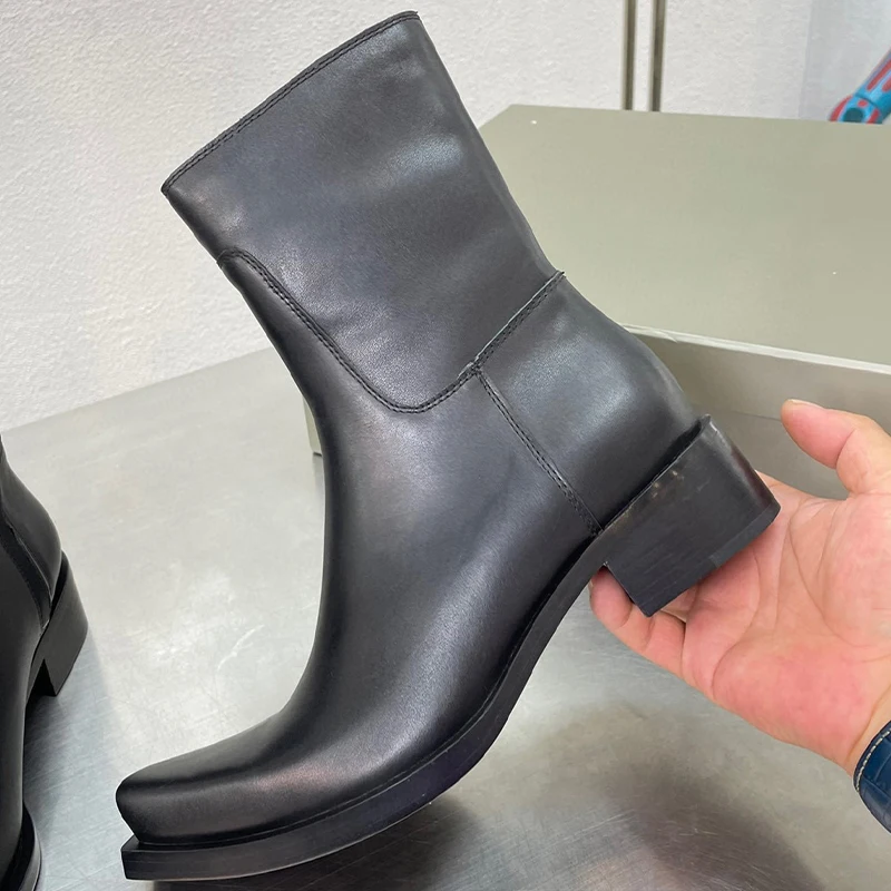 

Women Short Boots Spring Autumn 2023 New Genuine Leather Upper Square Head Solid Pumps Fashion Versatile Ankle Boots 34-41