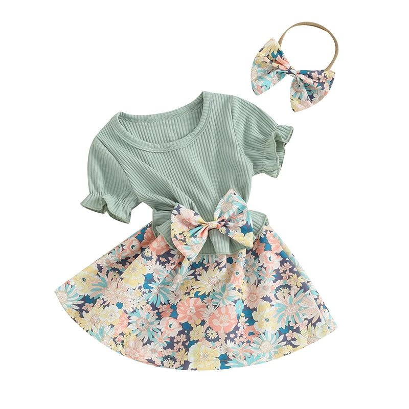 FOCUSNORM 0-3Y Toddler Baby Girls Cute Dress Floral Patchwork Short Sleeve Ribbed Bowknot A-Line Dress and Headband