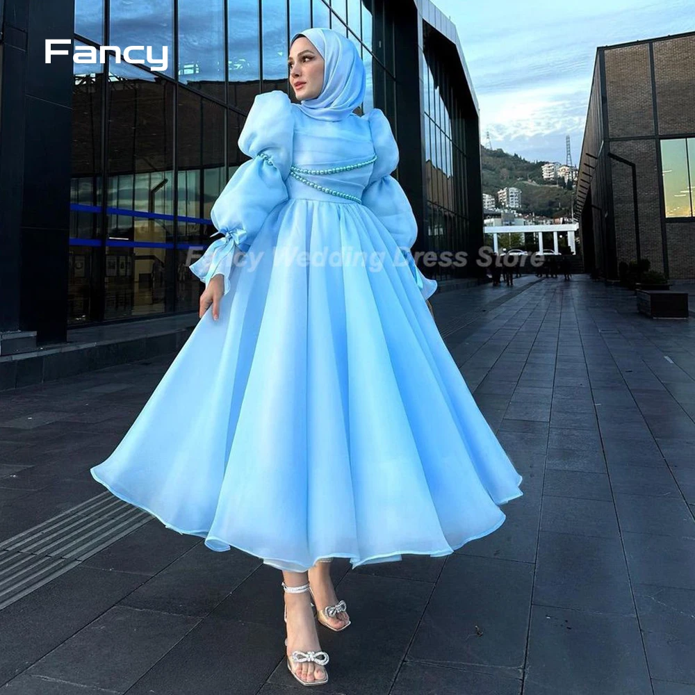 

Fancy Vintage Blue Muslim Wedding Dress Saudi Arabia Long Sleeve Organza Bridal Gown Pearls With Veil Formal Occasion Dresses