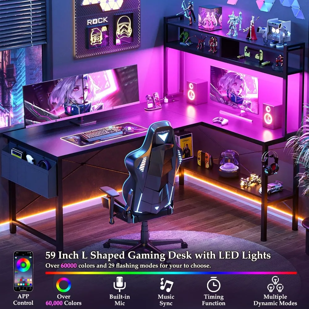 "59-inch led-lit l-shaped desk with power outlet for home office and gaming"