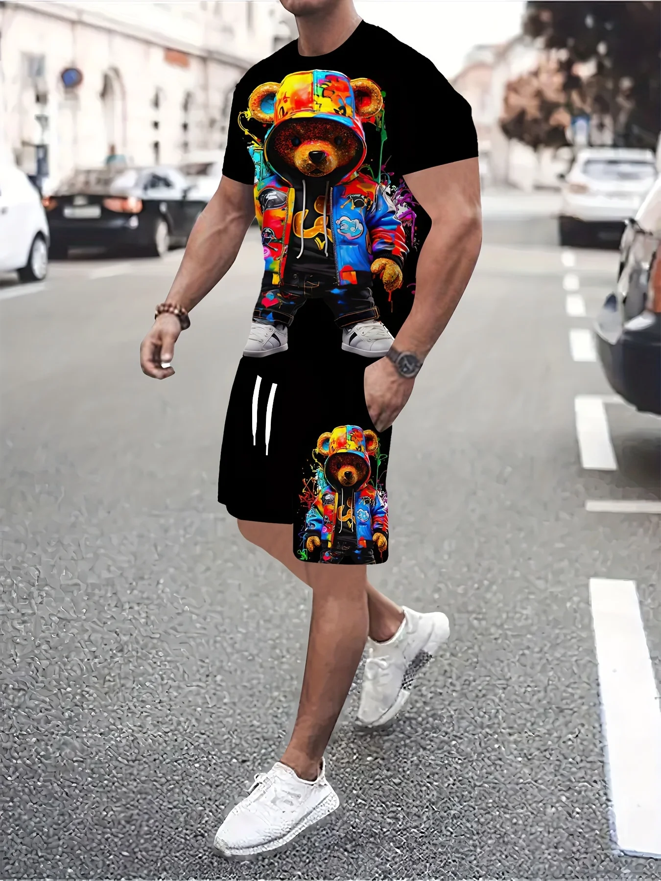 3D Cartoon Teddy Bear Print Men's T-shirt Shorts Set, Summer Casual Everyday Men's Short-sleeved Outdoor Street Men's Shorts 6