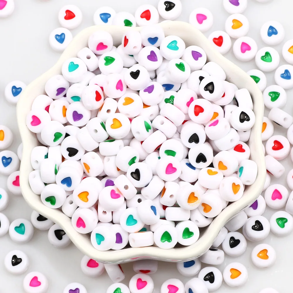 100Pcs 7mm White Multicolor Heart Pattern Acrylic Beads Flat Round Loose Spacer Beads For  Jewelry Making DIY Necklace Bracelet