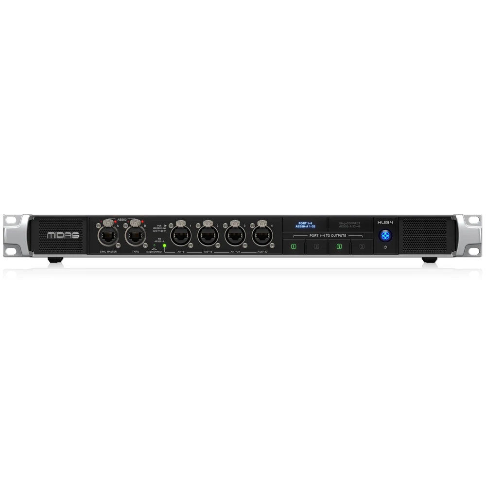Midas HUB4 개인 모니터링 허브 (4 PoE 포트, AES50 연결, 아날로그 출력 및 디지털 믹서용 StageCONNECT 출력 포함)