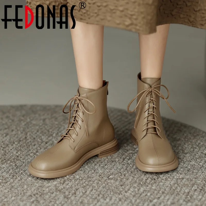 

FEDONAS Cross-Tied Women Ankle Boots Round Toe Back Zipper Genuine Leather Leisure Working Autumn Winter Low Heels Shoes Woman