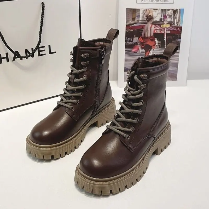 Ankle Platform Chelsea Boots Women Winter 2024 Casual Sport Running Lace Up Snow Women Motorcycle Boots Plush Warm Brand Shoes