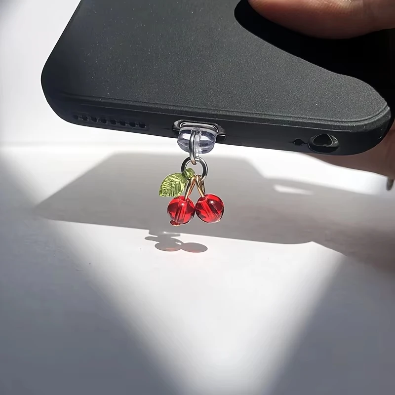 Cherry Phone Charm - Transparent Dust Plug with Lanyard, Cute Girly Pendant for Earphone Hole Decoration