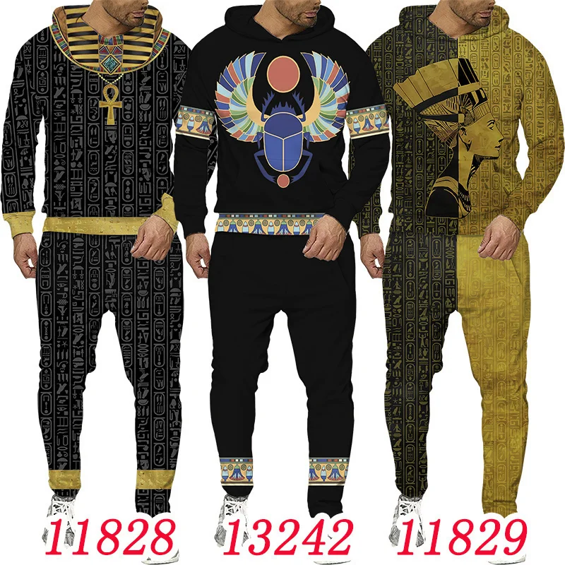 S-6XL Mărime mare 3D Jachetă pentru bărbați cu imprimeu egiptean Hanorac cu pantaloni Set Trening pentru bărbați Iarnă și toamnă Sport Umăr bărbătesc_voghion.com
